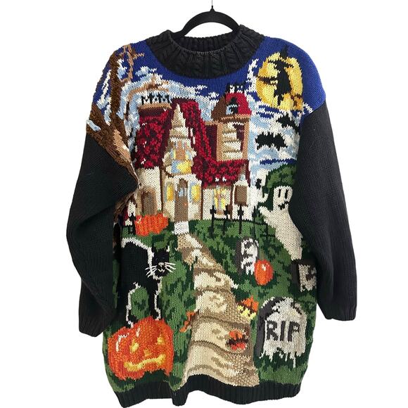 HEIRLOOM COLLECTIBLES Vintage Haunted House Halloween Sweater Witch Ghost - M - Picture 1 of 4
